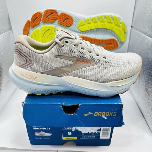 Brooks Glycerin 21 Shoes Coconut Aqua Autumn Sunset Running Womens Size 8 D Wide - Picture 1 of 6